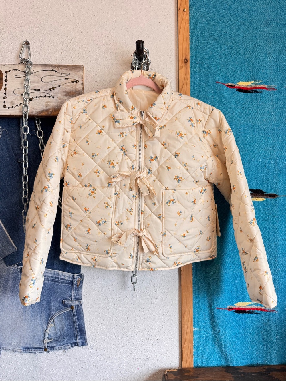 No Boundaries Cream Quilted Floral Tie-Front Jacket